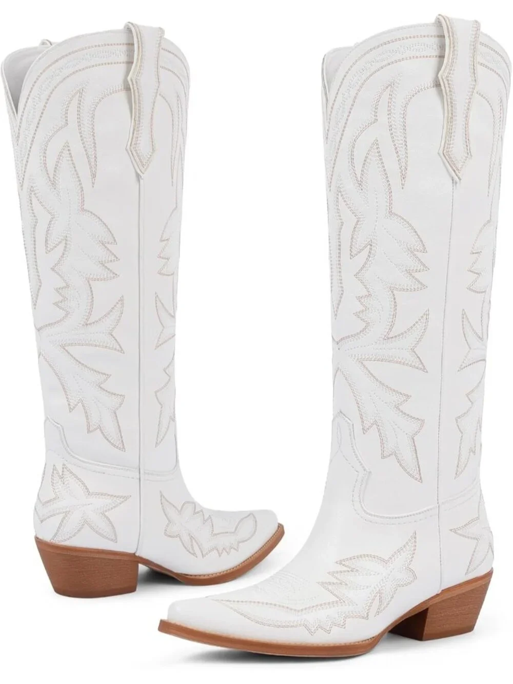Women's White Knee High Boots Embroidered Pull on Pointed Toe Chunky Heel
